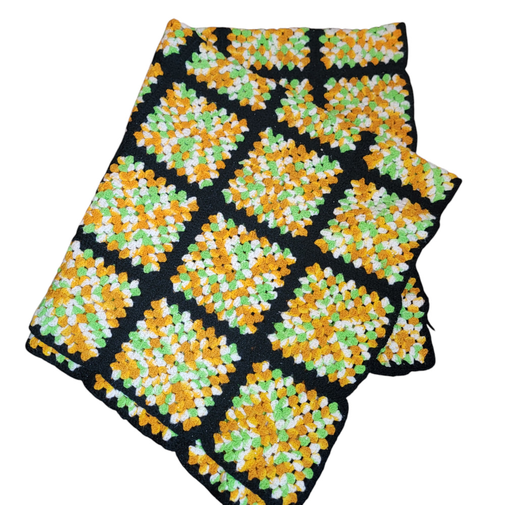 Granny Square Afghan Blanket Black Gold Lime Green White Throw 52"x45"